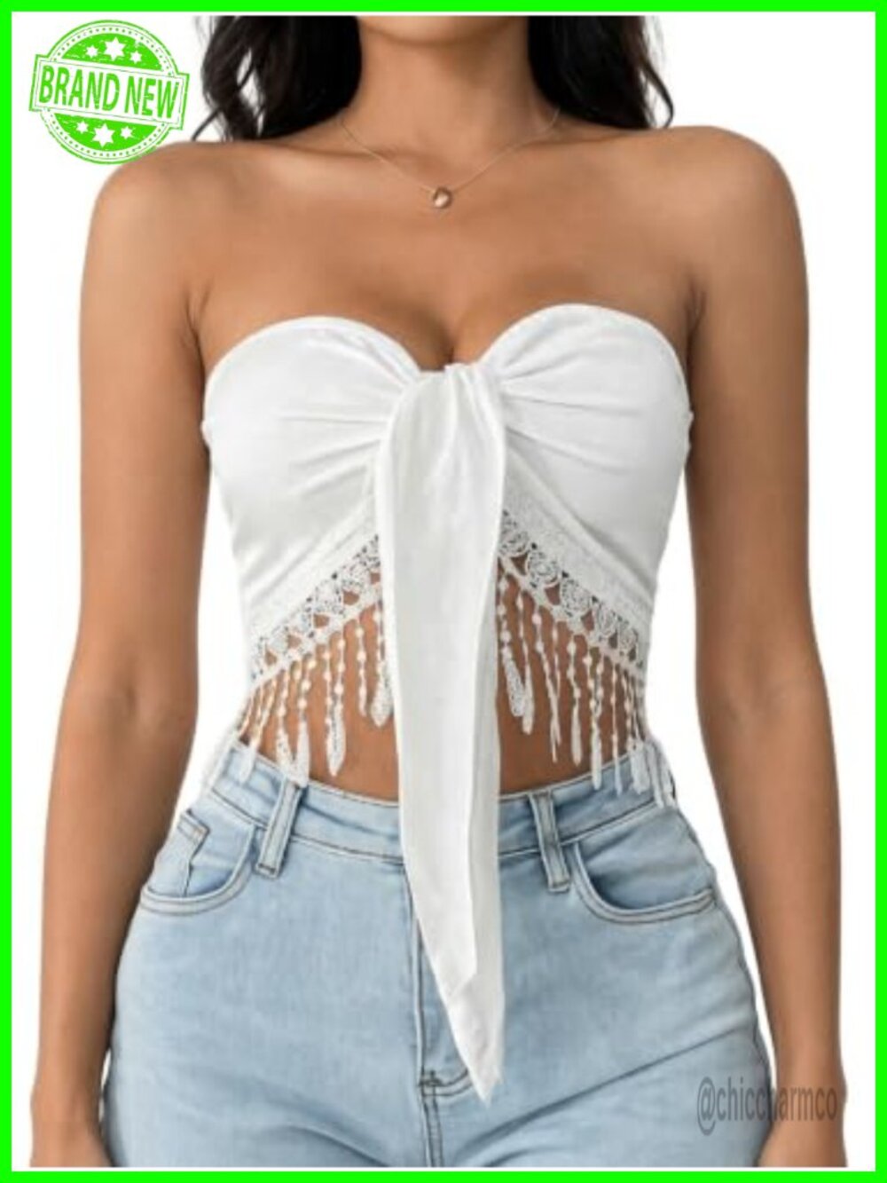 Fringe Strapless Tube Top Tie Knot Boho Concert Crop Top